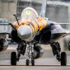 MONT-DE-MARSAN, FRANCE - MAY 17, 2019: Special painted French Air Force Dassault Rafale fighter jet plane taxiing to the runway during the NATO Tigermeet.