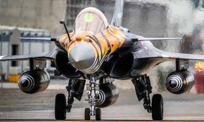 MONT-DE-MARSAN, FRANCE - MAY 17, 2019: Special painted French Air Force Dassault Rafale fighter jet plane taxiing to the runway during the NATO Tigermeet.